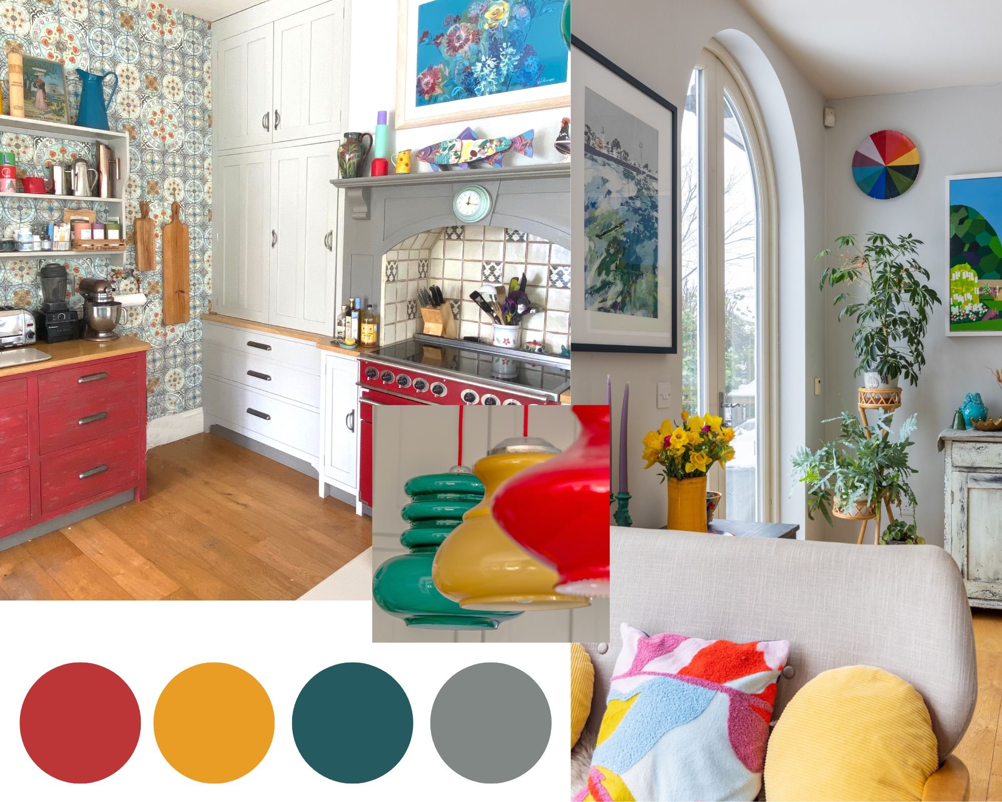 Red kitchen with teal, yellow and red lights